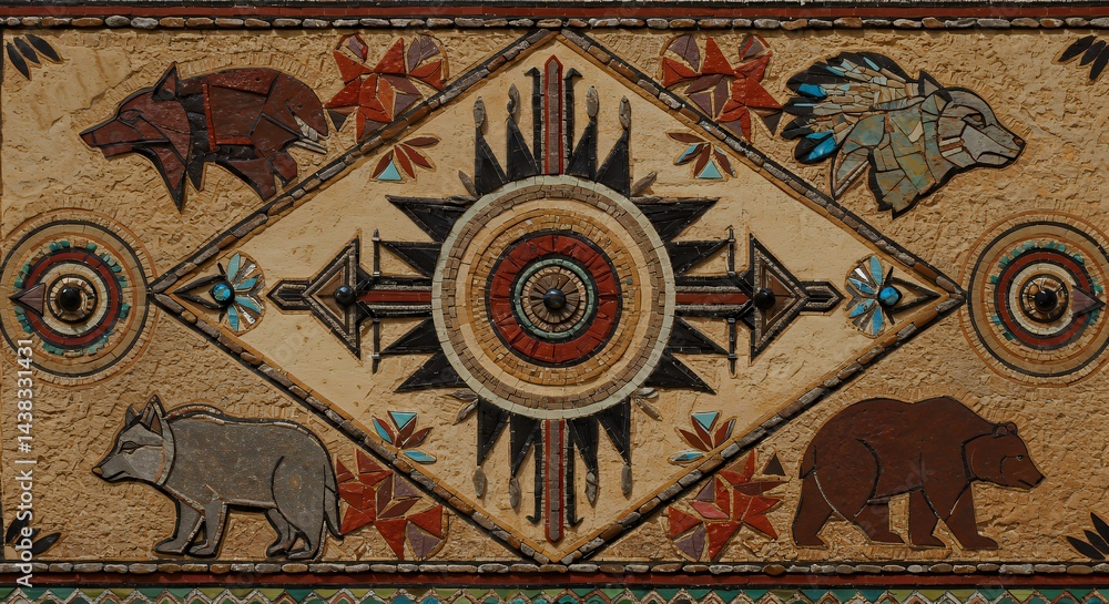Obraz premium Native American Mosaic with Bears and Wolf