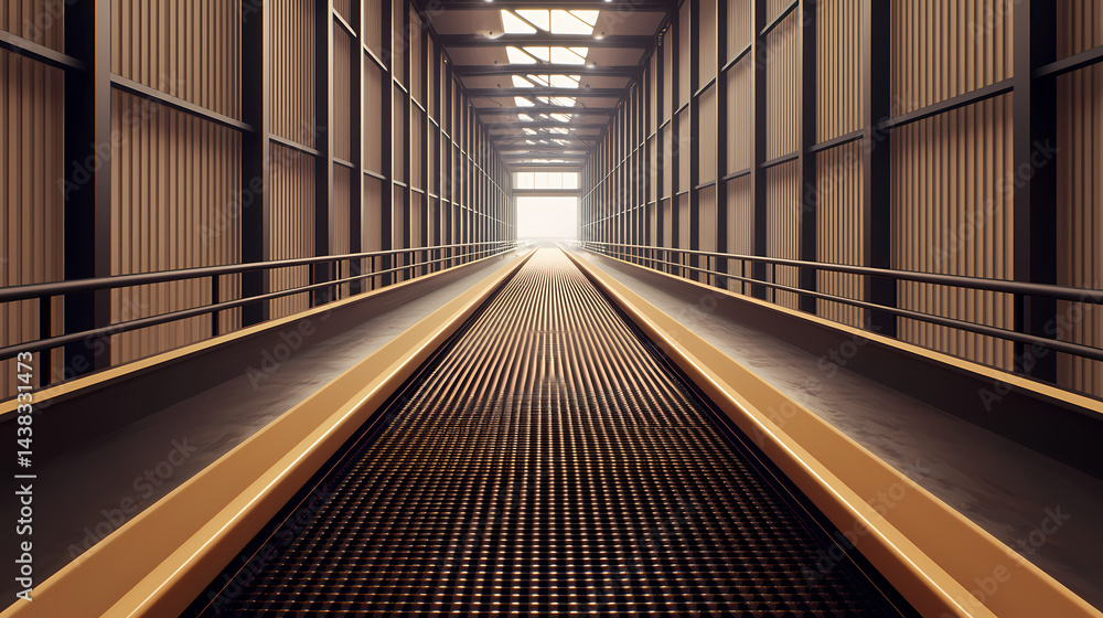Fototapeta premium A long, empty industrial corridor with metal flooring and beams, illuminated by natural light streaming in from the far end.