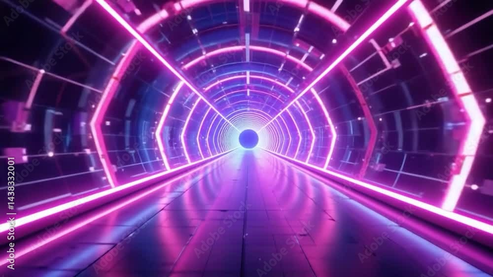 Futuristic neon tunnel with geometric lights and digital technology Futuristic neon tunnel with geometric lights and digital technology