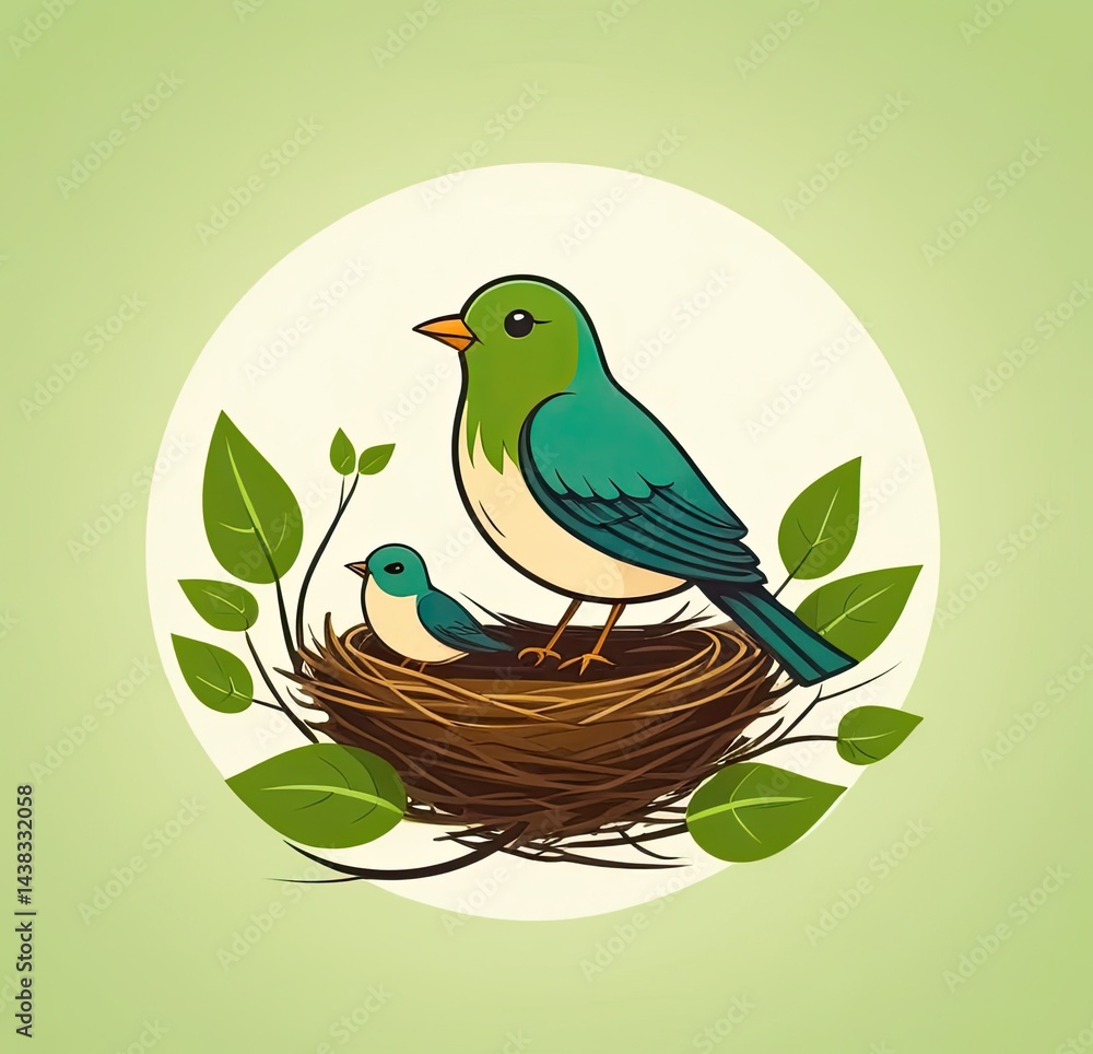 Colorful bird family in a nest with green leaves on a light background illustrating love Colorful bird family in a nest with green leaves on a light background illustrating love