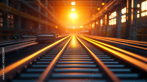 Wallpaper Mural Steel railway tracks in a modern industrial facility, illuminated by warm sunlight streaming through the background. Torontodigital.ca