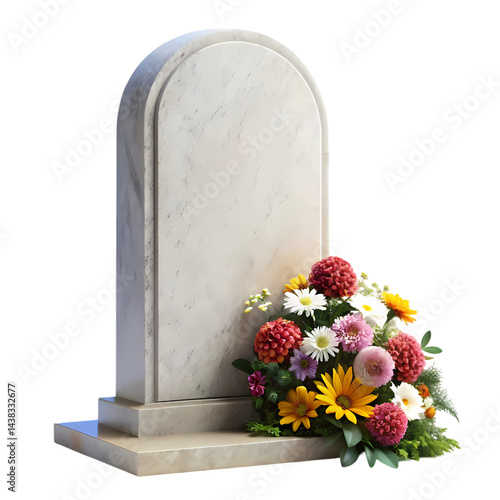Headstone Memorial Elegant Granite Tombstone with Flowers isolated on transparent background
