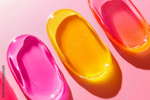 Texture pink cream gel cosmetic smudge on pink background, lipstick or blush or eye shadow or nail polish smudge trendy colore