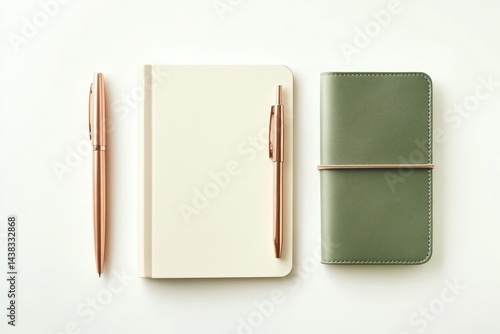 Rose gold pens and a blank notebook next to a sage green leather journal.