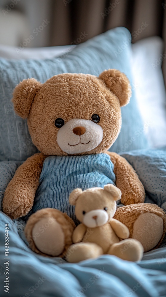 Teddy bears cuddle on bed, bedroom background, calm scene, child's room Teddy bears cuddle on bed, bedroom background, calm scene, child's room