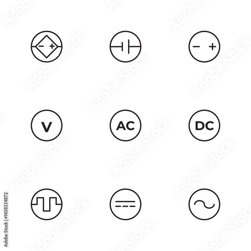 Collection of electrical source and signal icons in black outline style, featuring voltage, AC, DC, and waveform symbols. Perfect for electrical schematics, power system diagrams, and engineering.