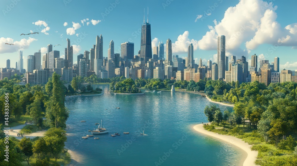 Fototapeta premium Lakeside city skyline shimmering on a clear day