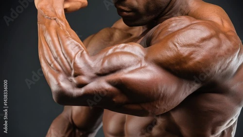 Close up on a muscular bodybuilder flexing large biceps and vascular arms against a dark studio background to demonstrate strength and fitness.