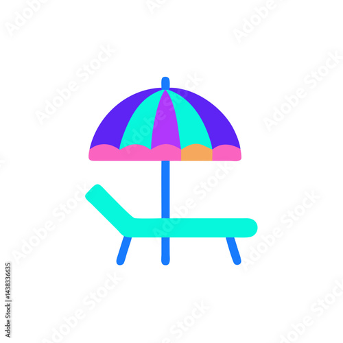 Beach chair with umbrella icon in flat style for travel design with copy space
