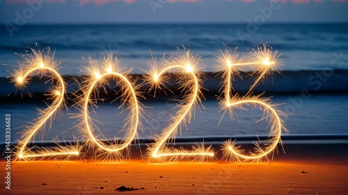 New Year 2025 Celebration with Sparkler Writing on Beach  