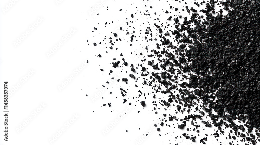 Black soil in random scattered formation with fine grains on white background. Black soil in random scattered formation with fine grains on white background.
