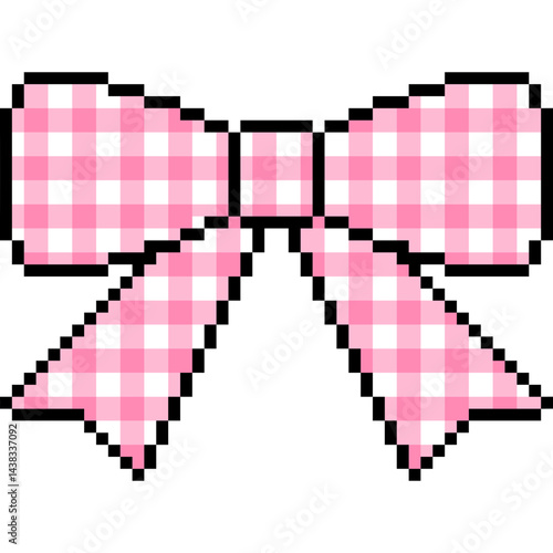 Pixel bow plaid pattern. Pink bow pixel art style 