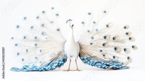 Beautiful white peacock with blue tail feathers spread out, standing on the floor, isolated against a white background