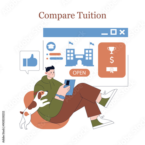 Student Carefully Comparing Various Tuition Options While Accompanied by a Loyal Dog Companion