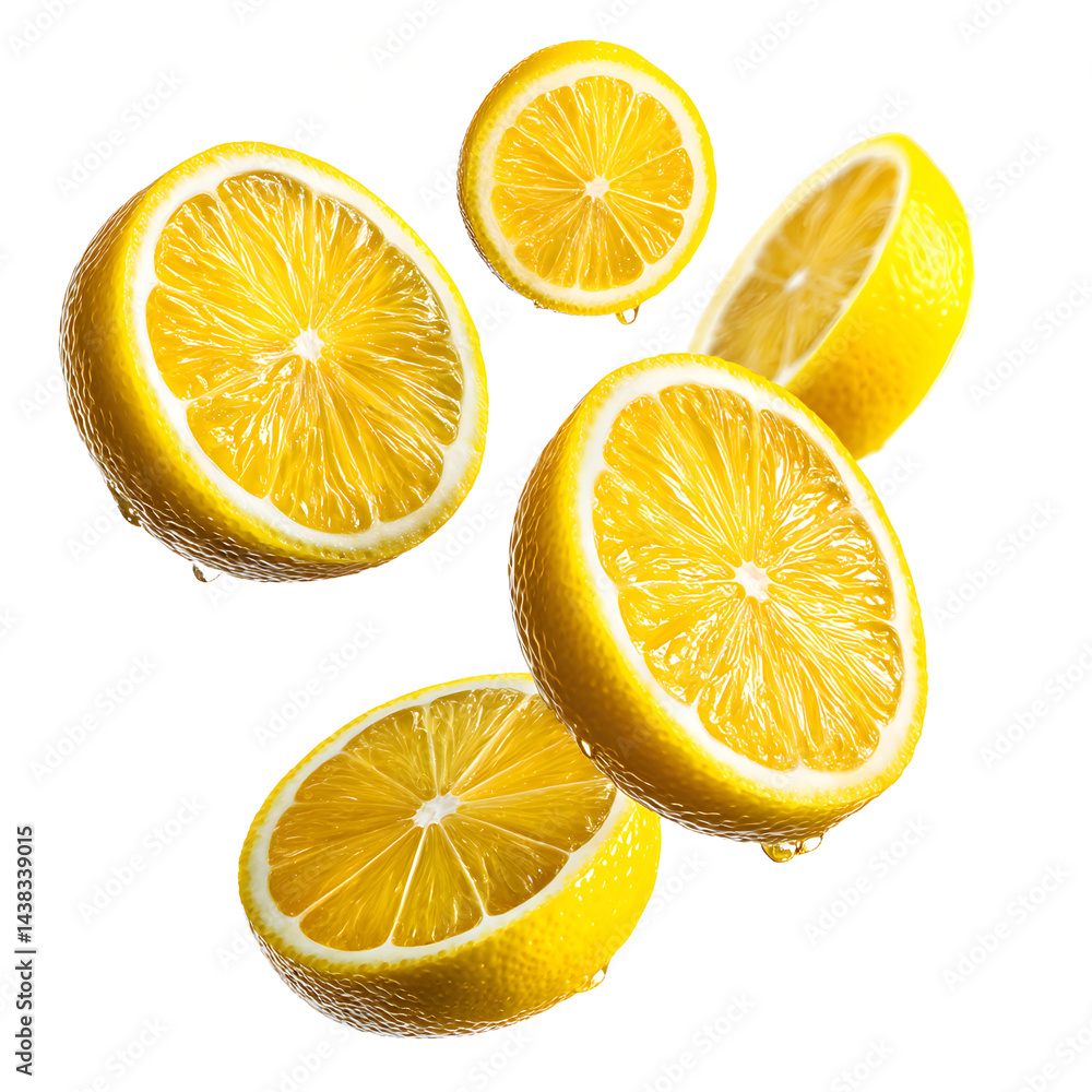 Fototapeta premium Several lemon slices are scattered on a white background.