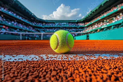 Tennis ball on court, stadium background