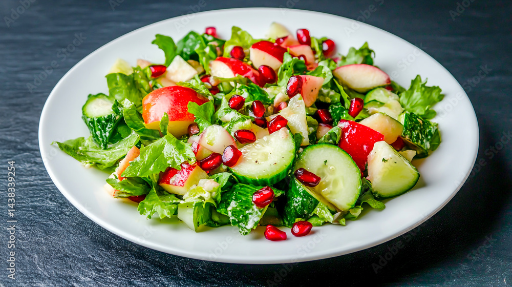 Salad with apple, cucumber, and pomegranate on a white plate, isolated over a black background Salad with apple, cucumber, and pomegranate on a white plate, isolated over a black background