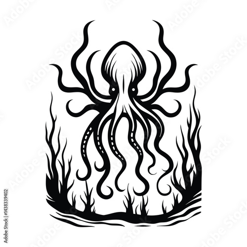 Black and White Silhouette of Octopus with Tentacles and Seaweed, Marine Creature