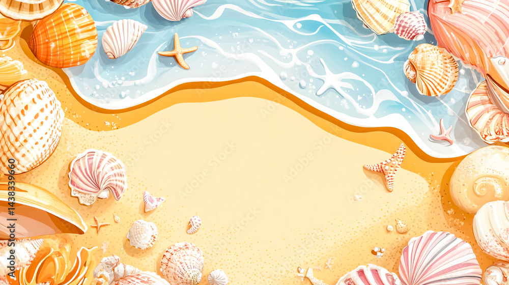 Naklejka premium Sea shell frame design with beach vector border