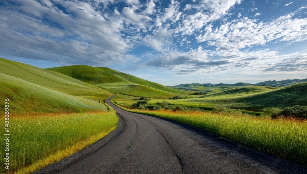 Scenic Winding Road Through Lush Green Rolling Hills Under a Blue Sky Scenic Winding Road Through Lush Green Rolling Hills Under a Blue Sky