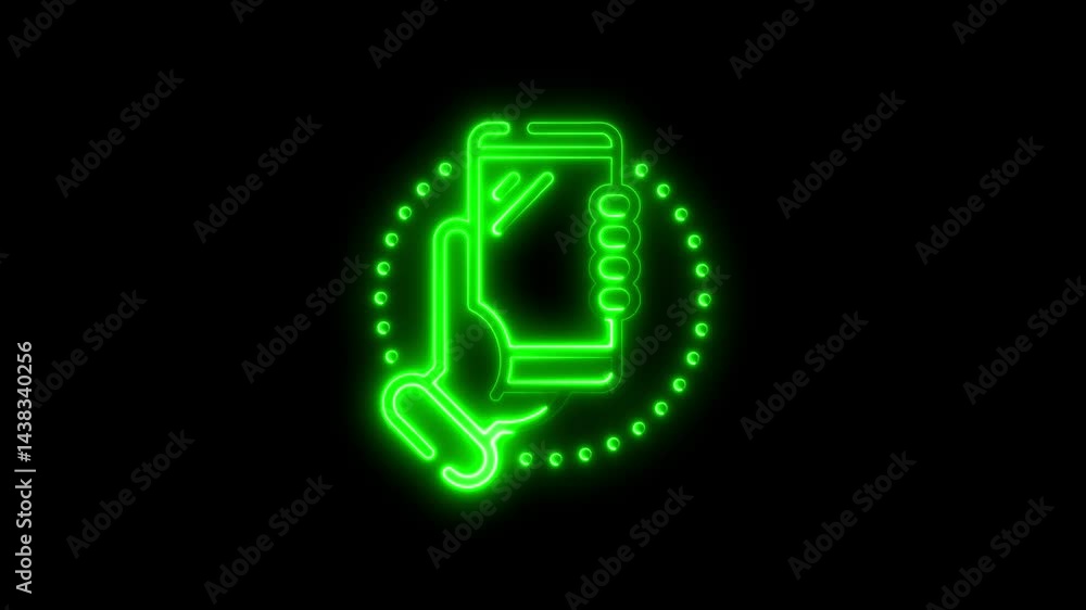 Neon hand holding phone minimalist animation on dark background Neon hand holding phone minimalist animation on dark background