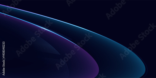 Abstract blue and purple curve rays glowing on dark blue background with copy space for text.