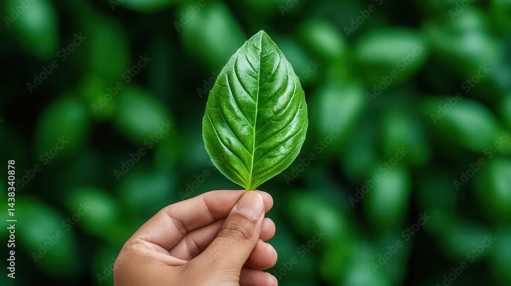 Hand holding a fresh basil leaf with a blurred neutral background, simplicity in plantbased lifestyle, organic purity Hand holding a fresh basil leaf with a blurred neutral background, simplicity in plantbased lifestyle, organic purity