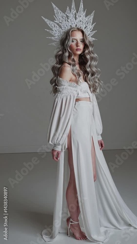 Vertical shot - Snowy mountain model, ice queen, stunning dress