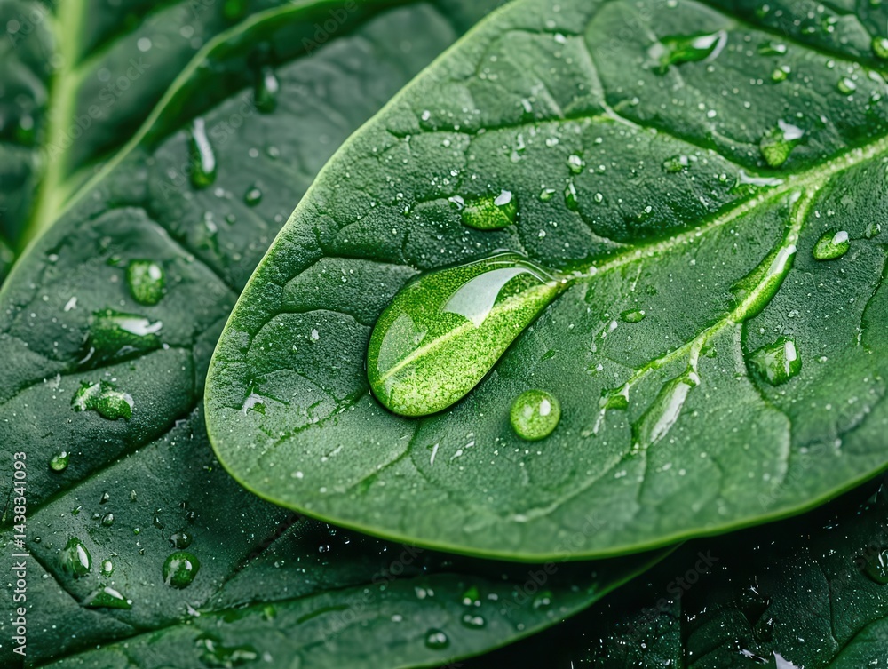 Fototapeta premium Closeup of a single dewdrop on a spinach leaf, ultraminimalist plantbased freshness concept