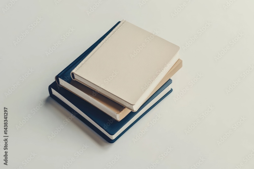 A stack of three hardcover books, beige, brown, and navy blue, rests on a white surface. A stack of three hardcover books, beige, brown, and navy blue, rests on a white surface.