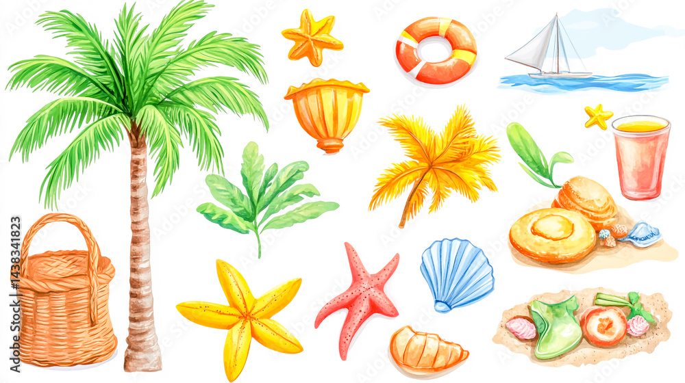 Obraz premium Vacation beach clipart set with sunny palm and sea