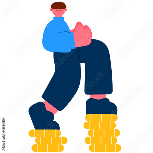 Businessman giving thumbs up and stepping on stacked coins, symbolizing financial success, business growth, and investment achievement flat vector illustration