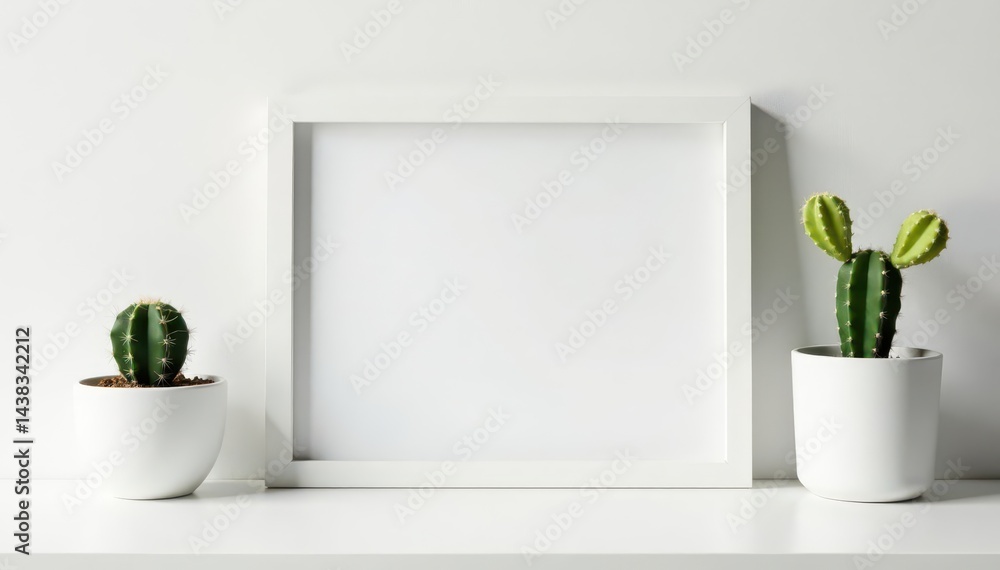 Fototapeta premium White desk, picture frame mockup, cactus, clean background, product, simple