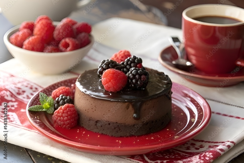Decadent Chocolate Cake with Ganache and Berries on Red Plate - Cozy Café Dessert Photography Decadent Chocolate Cake with Ganache and Berries on Red Plate - Cozy Café Dessert Photography