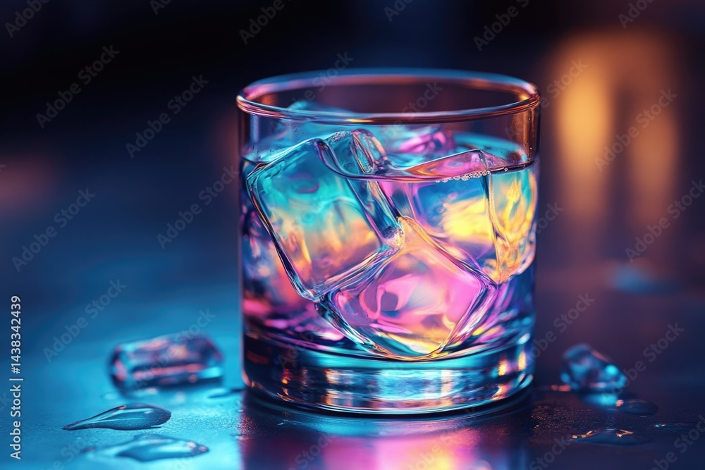 A glass of water with ice cubes, illuminated with vibrant, colorful neon lighting. A glass of water with ice cubes, illuminated with vibrant, colorful neon lighting.
