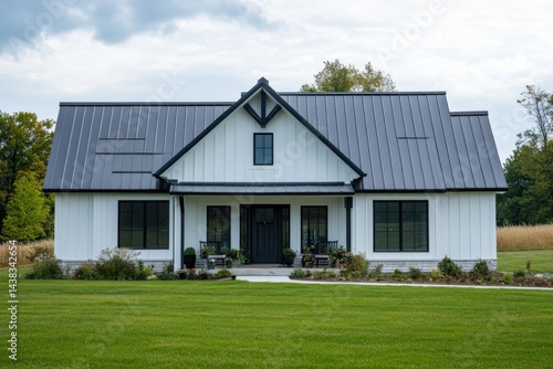 Stylish modern farmhouse with a black metal roof and large windows set against a lush green lawn in a serene countryside location