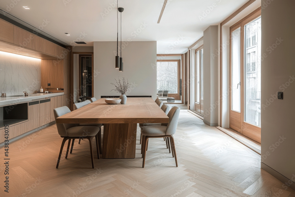 Fototapeta premium Modern dining room with herringbone wooden table, matching chairs, and natural light creating an elegant and inviting atmosphere