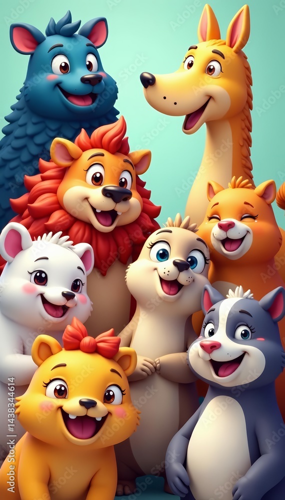 Naklejka premium Collection of various happy and playful cartoon animal characters in a row, happy, different, diverse