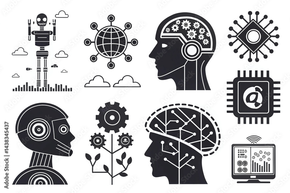 Obraz premium AI technology icons robots brains microchips global network futuristic design simple style black and white illustration