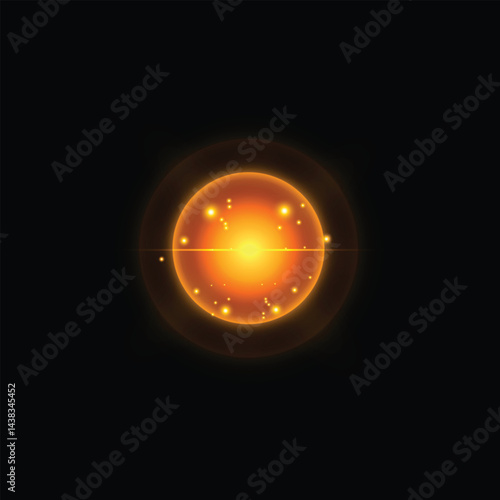 a bright yellow sun in the center of a black background, radiating a bright orange glow.