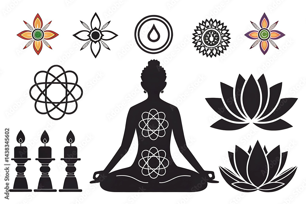 Serene meditating figure with chakras lotuses and candles simple black silhouettes on white background Serene meditating figure with chakras lotuses and candles simple black silhouettes on white background
