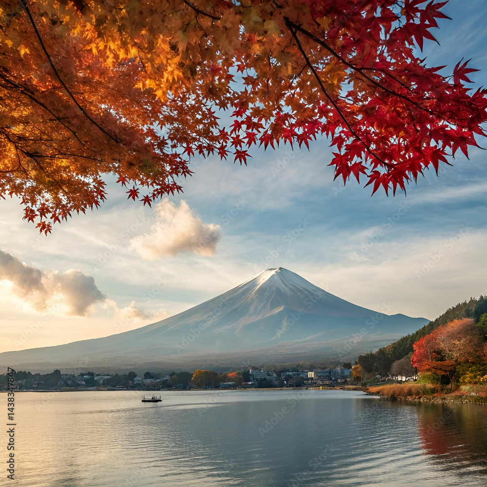 Fototapeta premium fuji mountain and kawaguchiko lake in morning aut