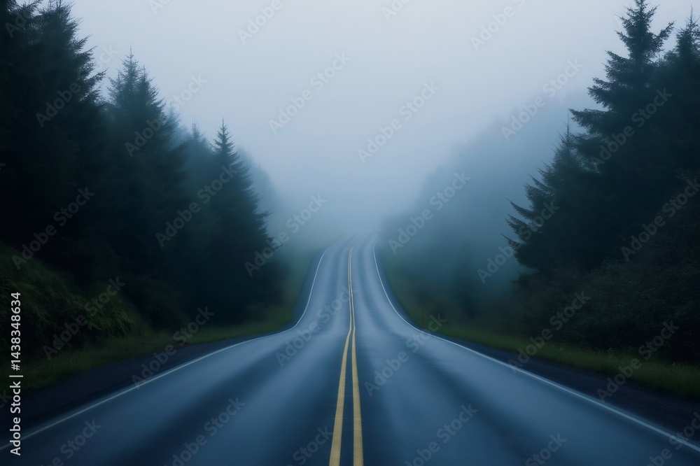 Naklejka premium Wet asphalt road with yellow markings crossing a misty forest in a mysterious and evocative atmosphere