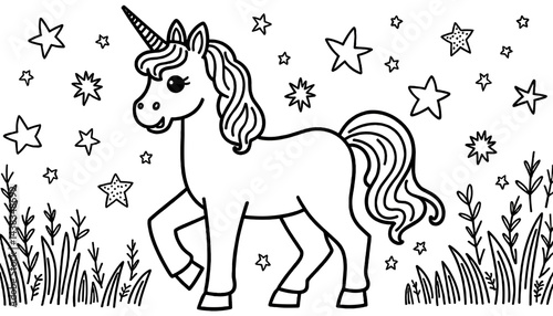 Playful unicorn with stars and grass, enchanting imagination
