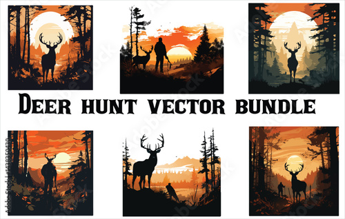 Deer hunt vector bundle , Deer vector bundle , Deer silhouettes set vector illustration, black deer silhouette icon bundle , Deer hunter head set , Wild deer vector design on a white background. 