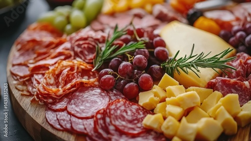 A close-up of a delicious charcuterie board with cheeses, meats, and fruits, gourmet spread for entertaining