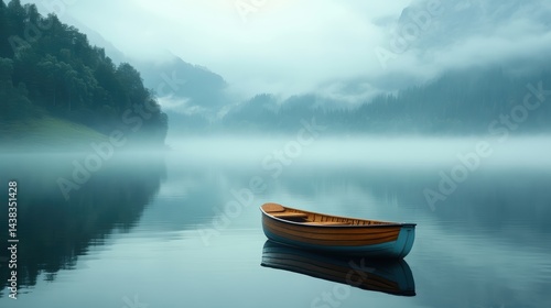 A peaceful morning on a fishing boat, mist over the water, calm lake surrounded by mountains, tranquil outdoor scene