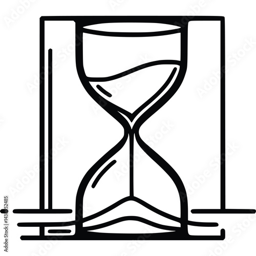 Black Outline Sand Timer Icon Inside a Framed Square, Hourglass Shape Symbol, Minimalistic