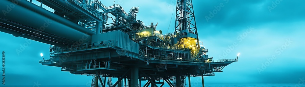 Oil rig structure in ocean under cloudy sky, showcasing energy production. Oil rig structure in ocean under cloudy sky, showcasing energy production.