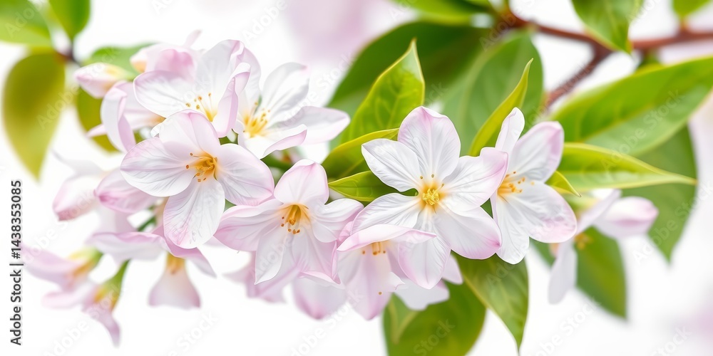 Obraz premium Delicate watercolor spring blossoms in pale purple and white, gentle green leaves, isolated on white, artwork, branches